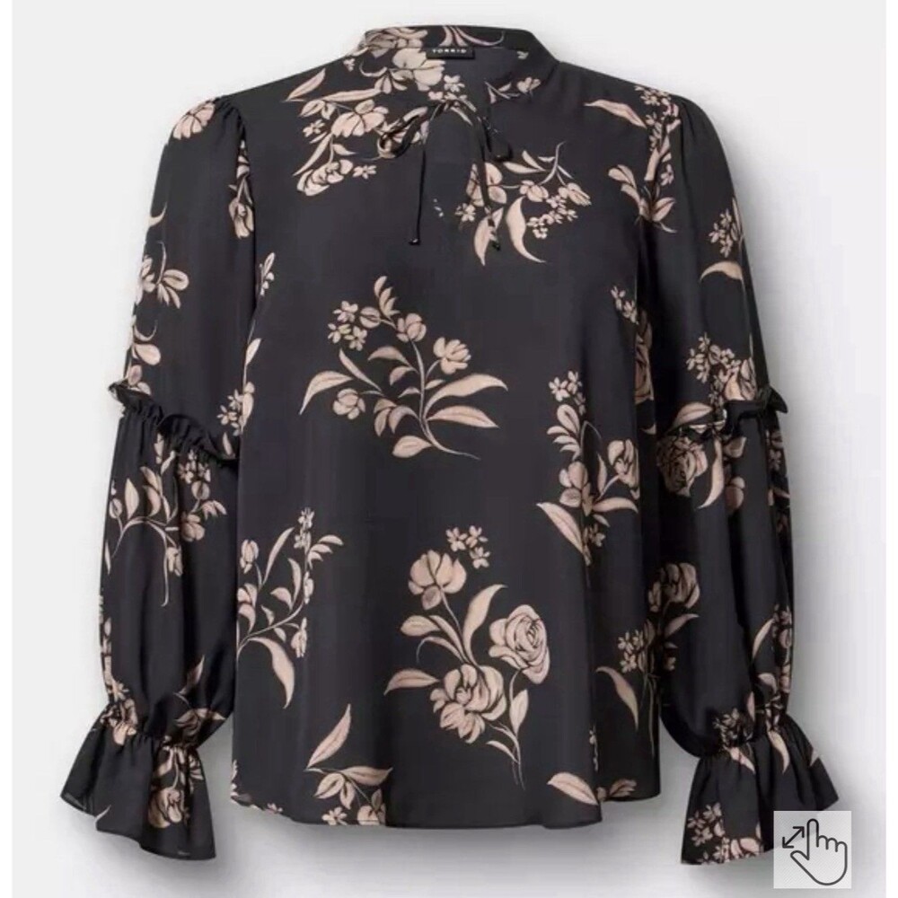 Torrid Women's Black/Beige Floral Split Neck Tie Ruffle Bell Sleeve Blouse Fall